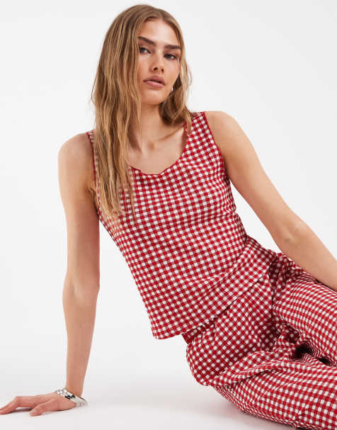 Pieces - Rød og hvid ærmeløs overdel med gingham-tern - Del af sæt - view 1