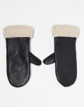[Pieces] Pieces real leather mittens with borg trim in black S Black