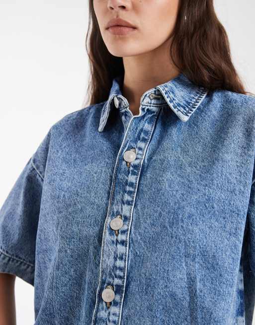 Pieces - Recht denim overhemd in medium blauw, 3 van 4