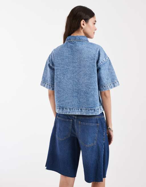 Pieces - Recht denim overhemd in medium blauw, 4 van 4