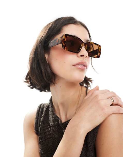 Pieces rectangle sunglasses with brown tint in tortoiseshell - view 1