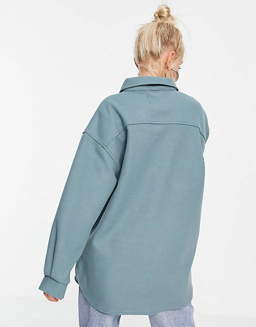 Women Pieces recycled polyester blend oversized shacket in blue 
