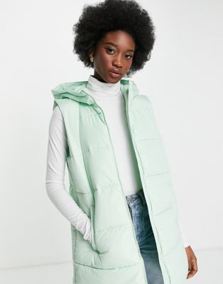 Pieces polyester padded gilet with hood in pastel green - MGREEN