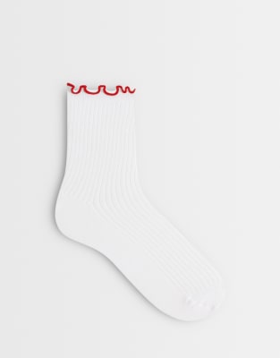 Pieces Red Frill Trim Ankle Sock In White