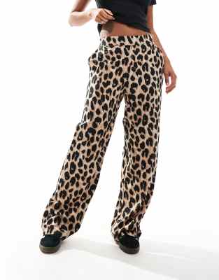 Pieces regular fit high waist pants in leopard print