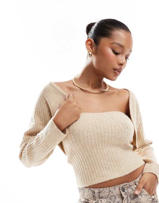 Pieces relaxed knitted bolero in cream melange (part of a set)