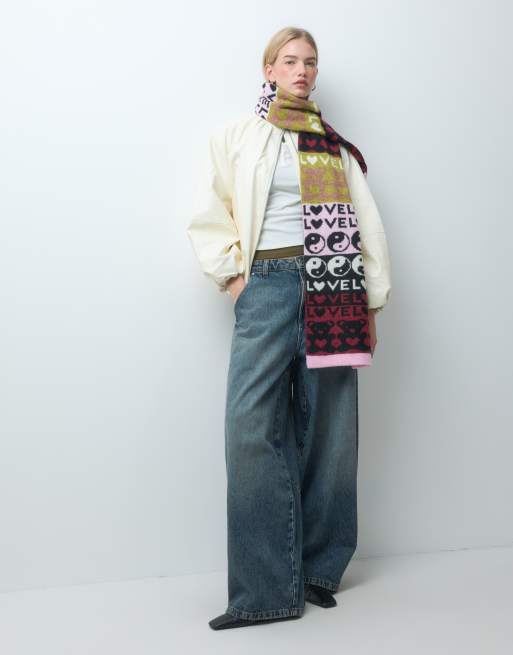 Pieces retro jacquard knitted scarf in multi, 2 of 3