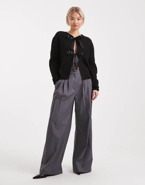 Pieces reversable satin bow cardigan in black - view 1