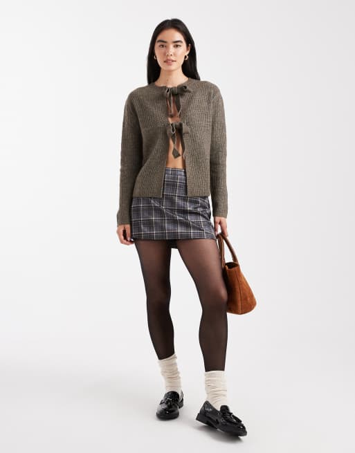 Pieces reversable tie front cardigan in brown, 3 of 4