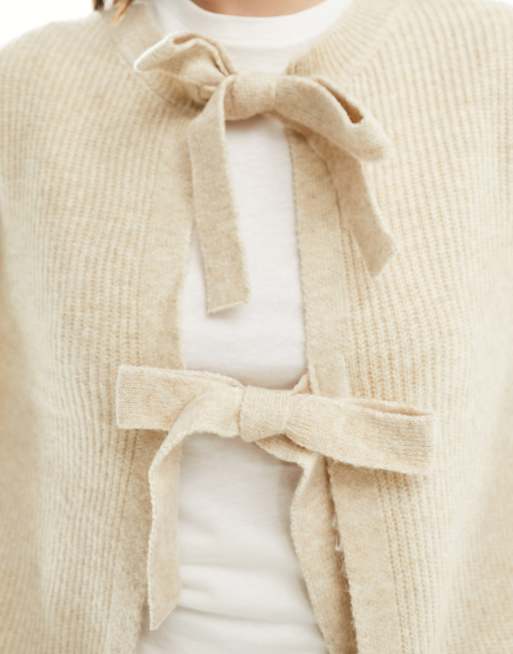 Pieces reversable tie front cardigan in light beige, 3 of 4