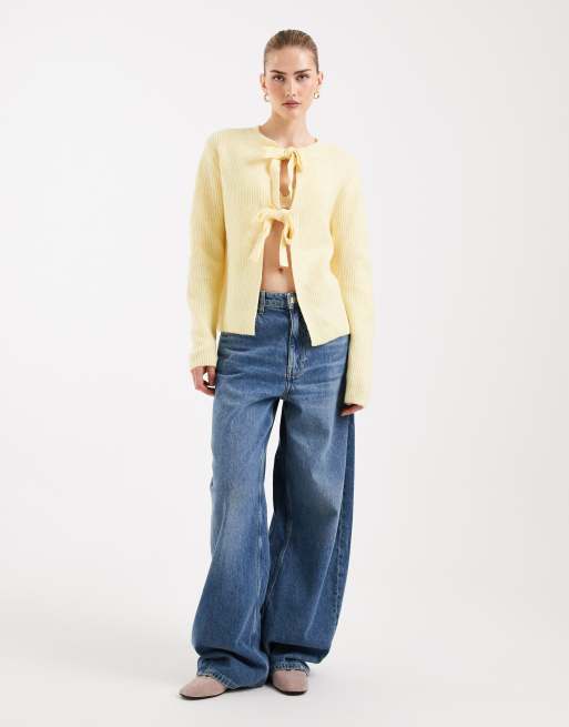 Pieces reversable tie front cardigan in pale yellow, 4 of 4