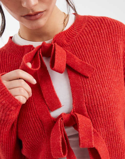 Pieces reversable tie front cardigan in red, 2 of 4