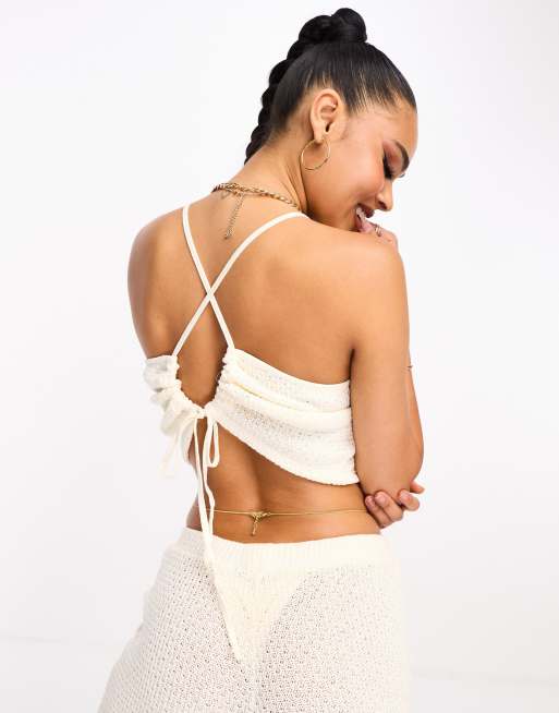 White Crop Top , Crochet Backless Halter Top , Sexy Knit Bralette