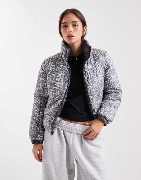 Pieces reversible padded jacket in tonal leopard print