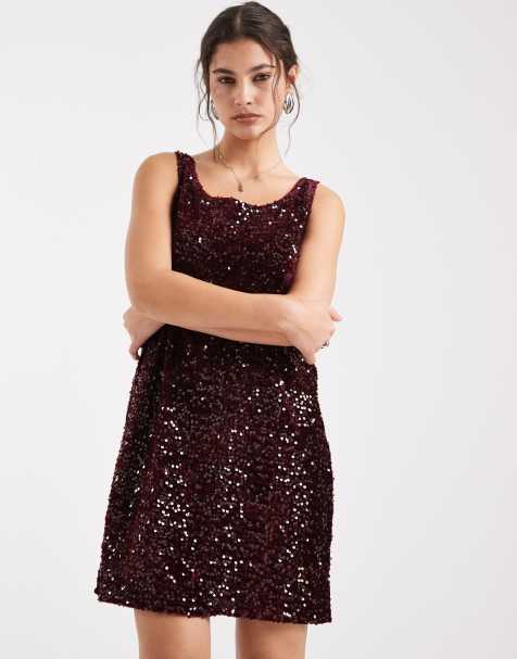 Pieces reversible slash neck sequin mini shift dress in burgundy - view 1