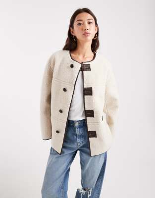 Pieces Reversible Teddy And Faux Leather Jacket In Neutral