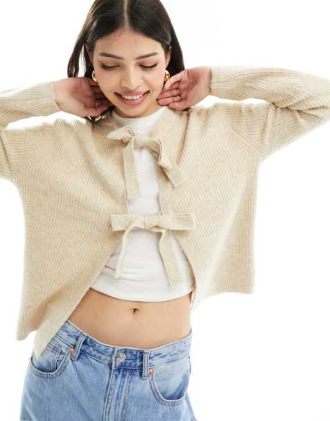 Pieces reversible tie front cardigan in light beige - view 1