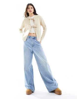 Pieces Reversible Tie Front Cardigan In Neutral