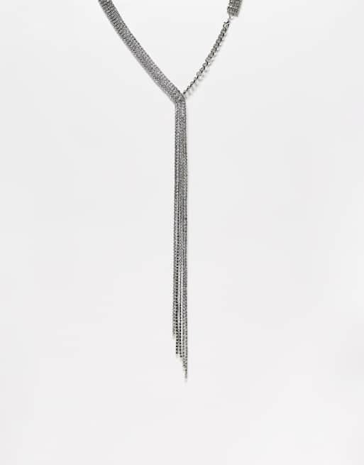 Pieces rhinestone choker necklace with long back chain in silver ASOS