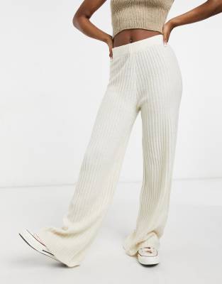 rib knit pants in cream-White