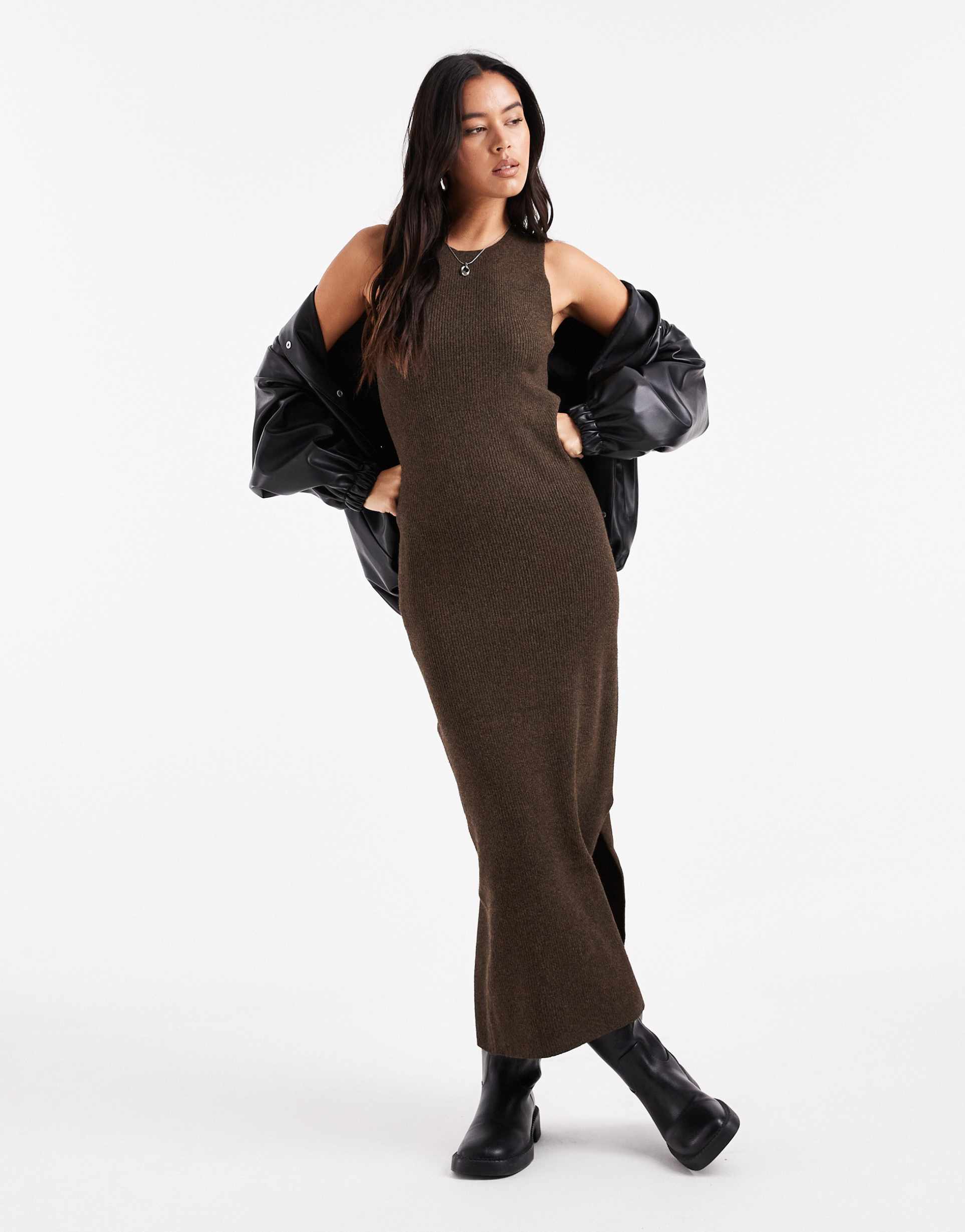 pieces rib knit sleeveless midi dress in chocolate brown