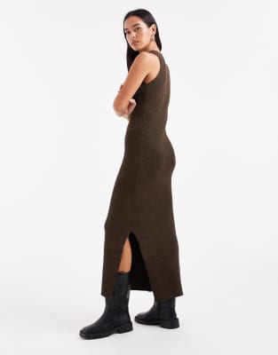 Pieces Rib Knit Sleeveless Midi Dress In Brown