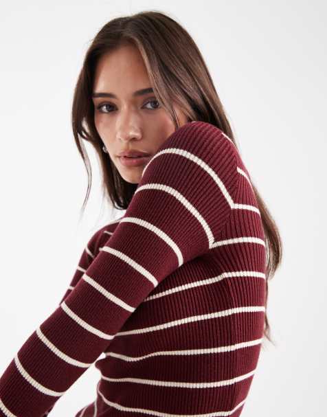 Pieces rib knit top in burgundy and cream stripes - view 1