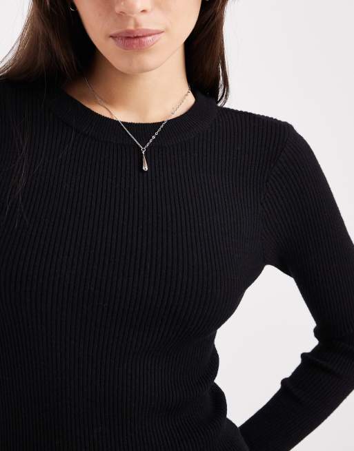 Pieces rib knitted mini dress in black, 3 of 4
