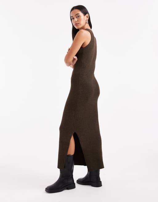 Pieces rib knitted sleeveless midi dress in chocolate brown, 2 of 4