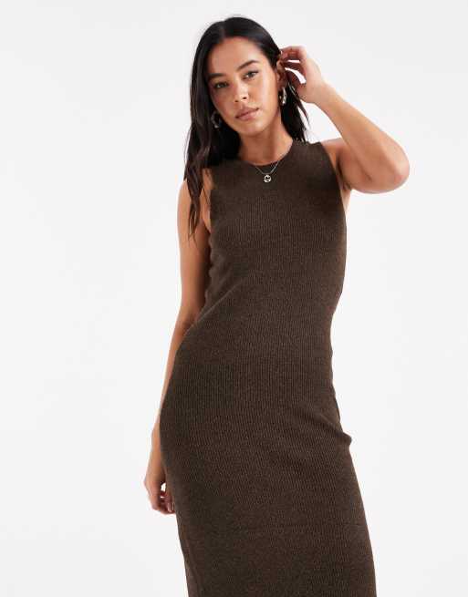 Pieces rib knitted sleeveless midi dress in chocolate brown, 3 of 4