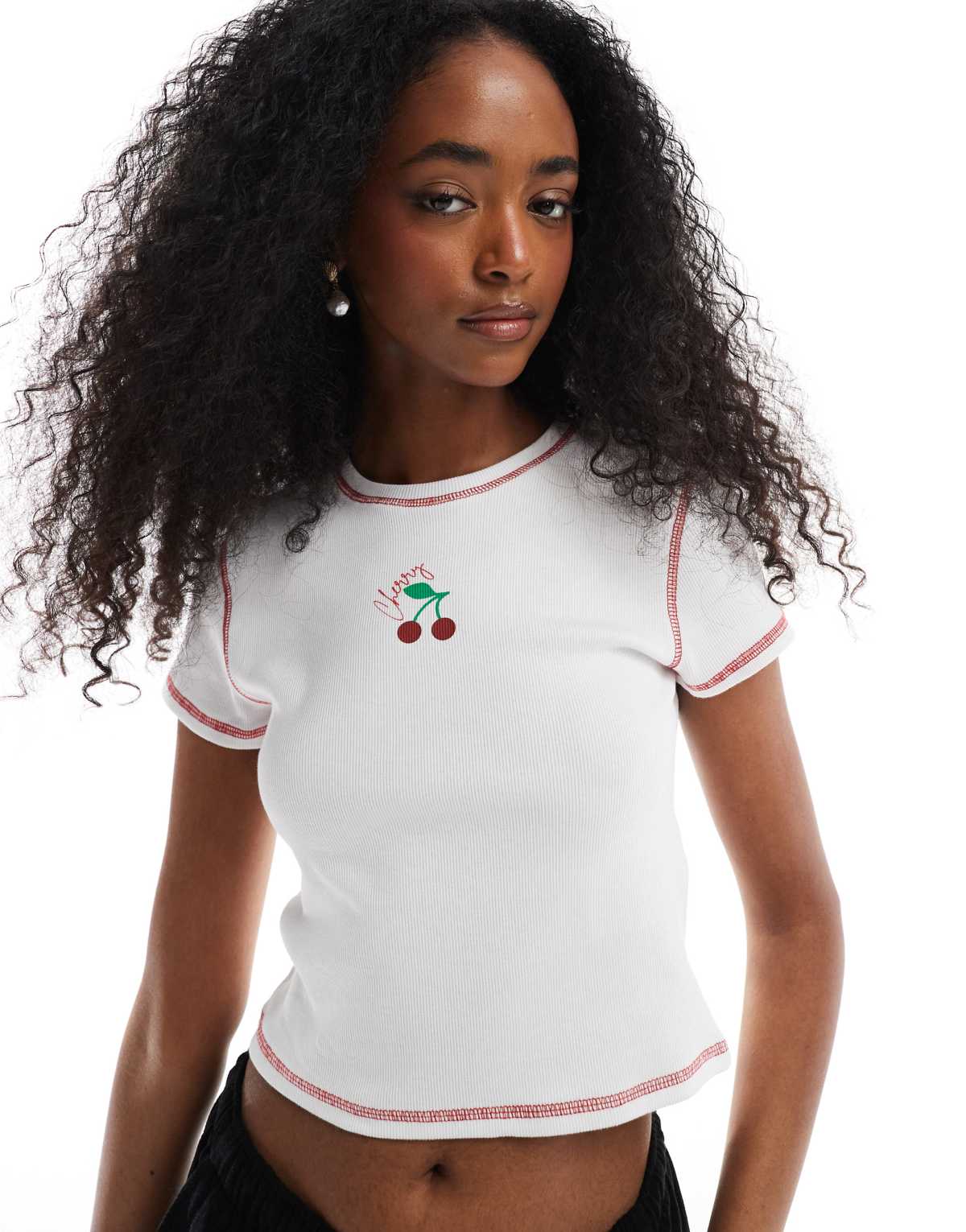 Pieces ribbed baby t-shirt with cherry motif in white