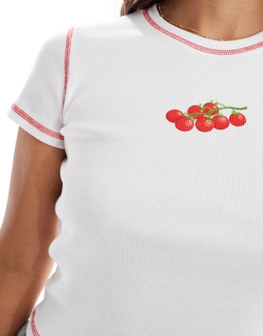 Pieces ribbed baby t-shirt with red contrast stitch and tomato print in white, 2 of 4