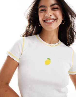 Pieces ribbed baby t-shirt with yellow contrast stitch and lemon print in white