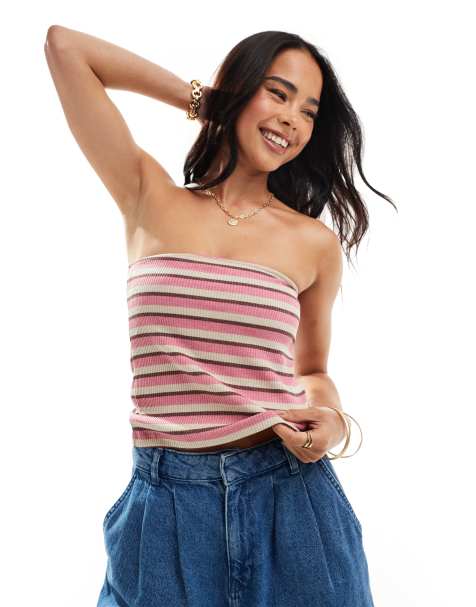 Pieces ribbed bandeau top in stripe - view 1