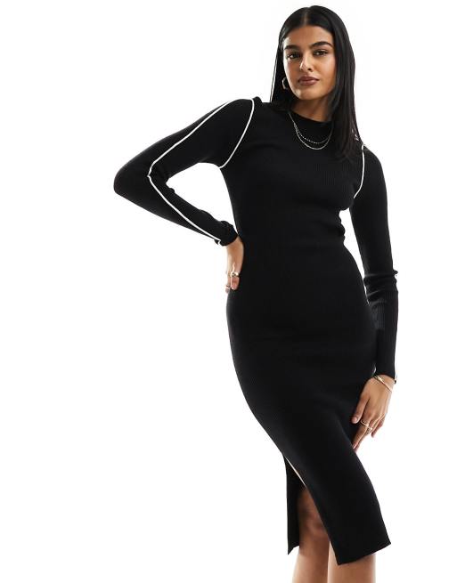 Pieces ribbed bodycon midi dress in black with white contrast piping