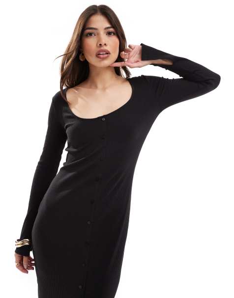 Pieces ribbed button through midi dress with side split sleeves in black - view 1