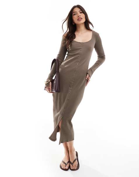 Pieces ribbed button through midi dress with side split sleeves in brown - view 1