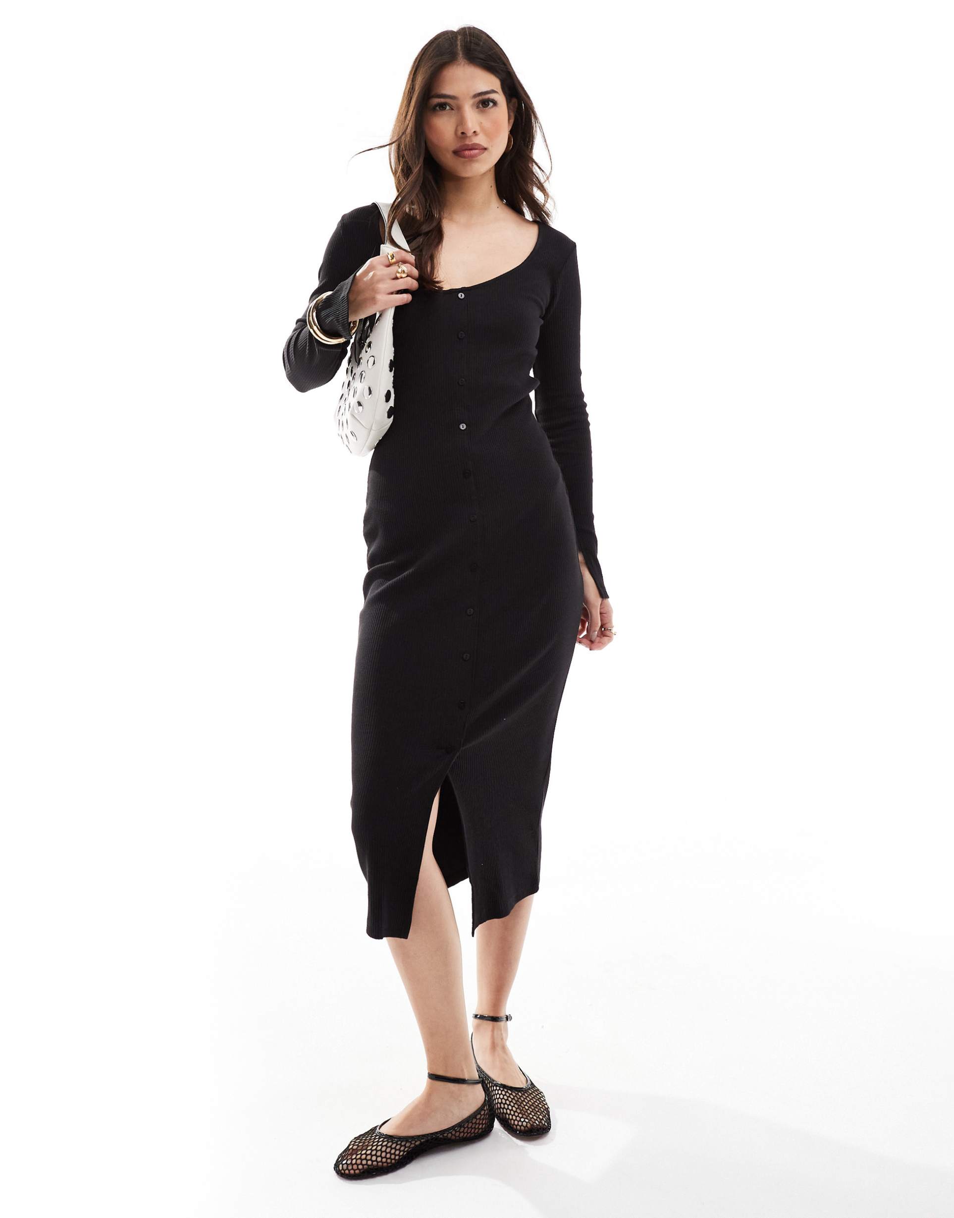 pieces ribbed button up midi dress with side split sleeves in black