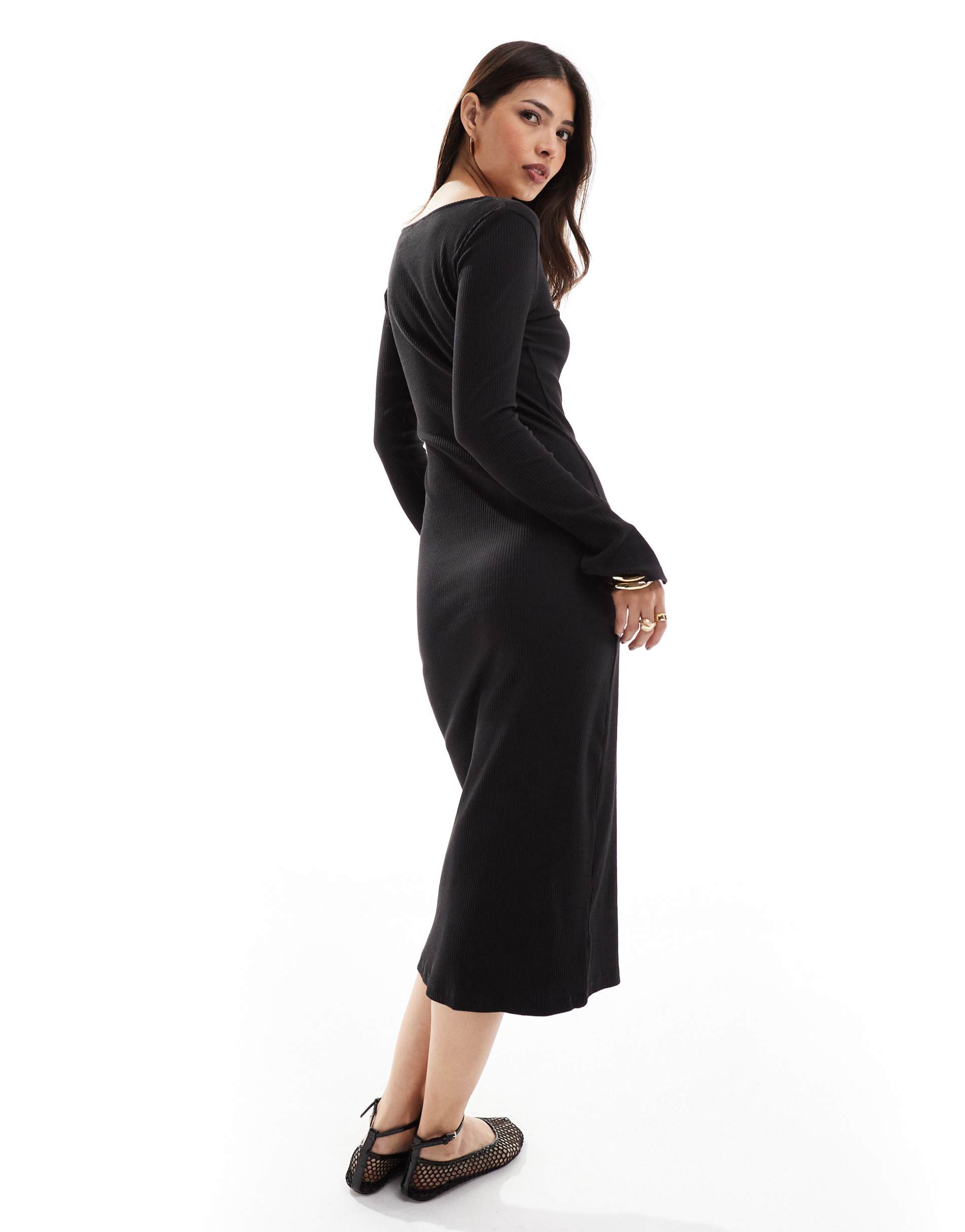 pieces ribbed button up midi dress with side split sleeves in black