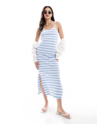 Pieces ribbed cami maxi dress in blue stripe