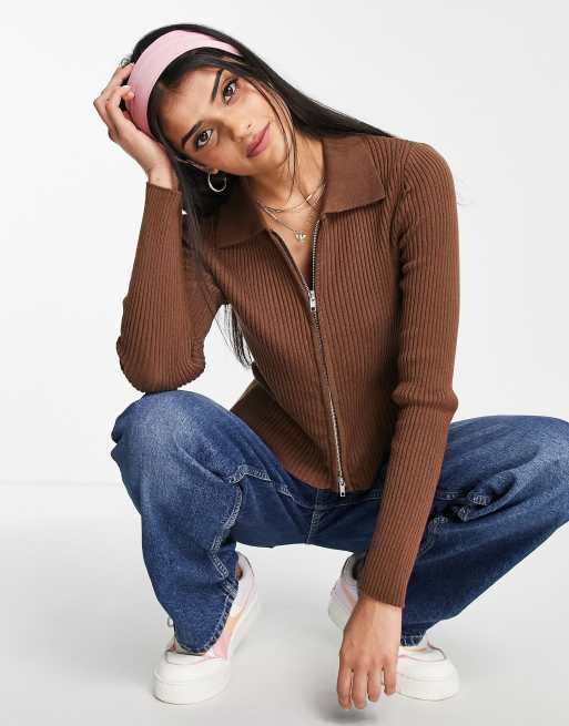 Pieces ribbed collar cardigan with zip detail in chocolate brown | ASOS