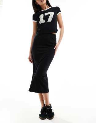 Pieces ribbed column midi skirt in black