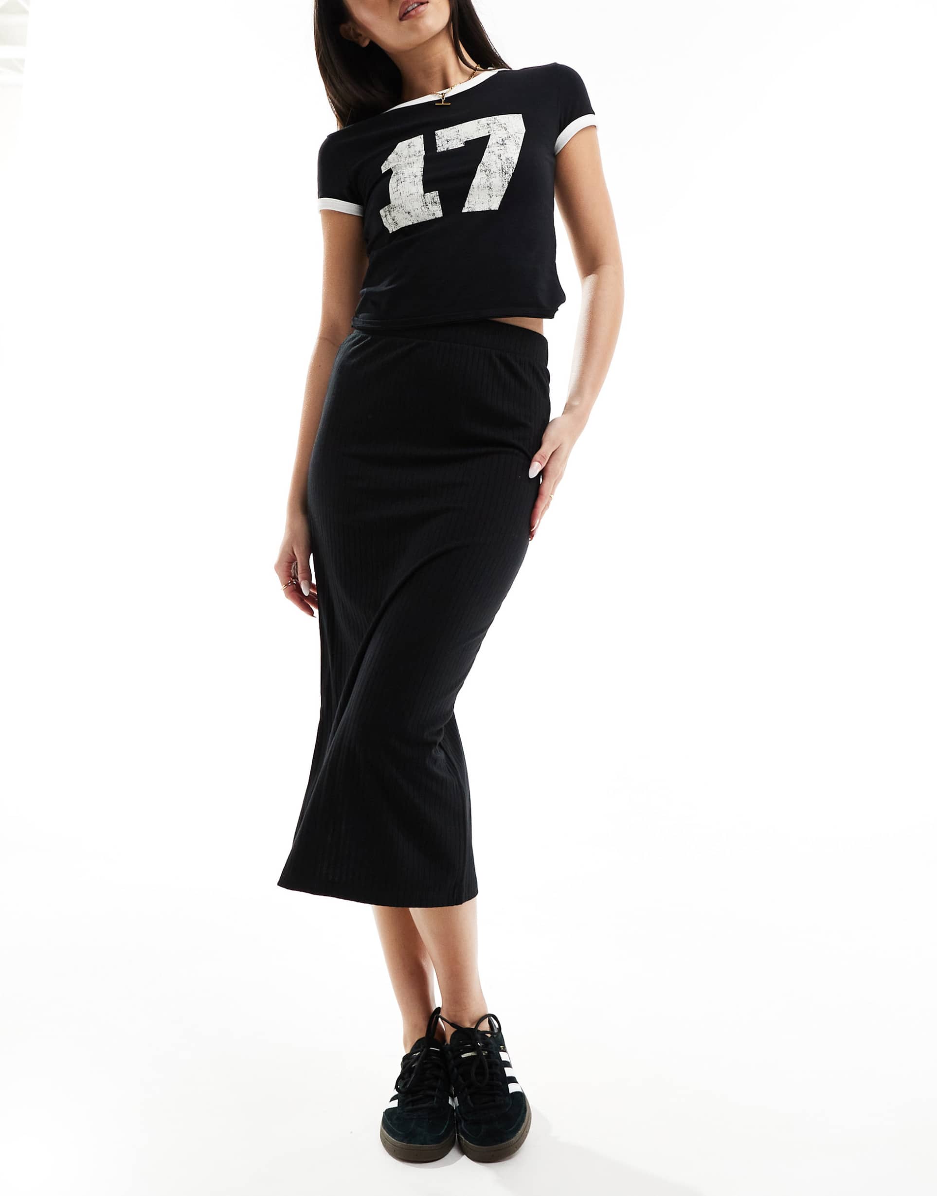 pieces ribbed column midi skirt in black