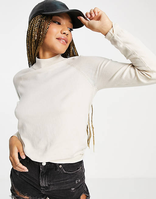 Pieces ribbed high neck jumper in cream