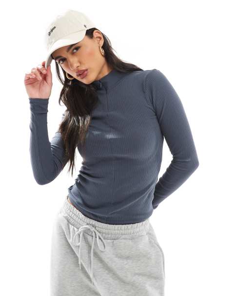 Pieces ribbed jersey double zip top in gray blue - view 1
