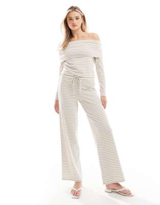 Pieces ribbed jersey pants in beige stripe (part of a set)