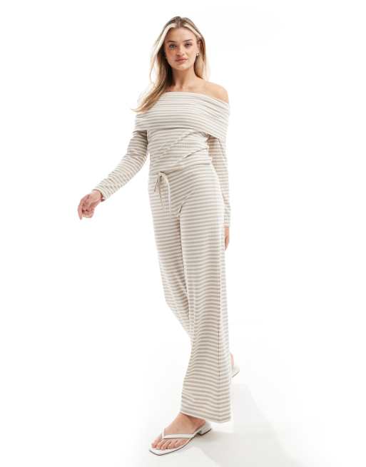 Pieces ribbed jersey pants in beige stripe - part of a set