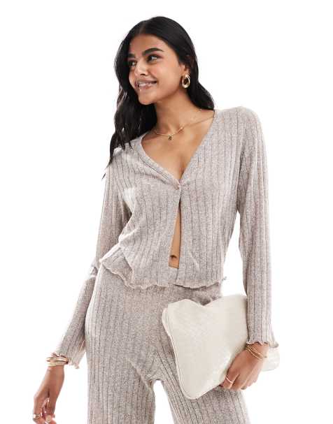 Pieces ribbed jersey thrown on cardigan co-ord in beige melange - view 1