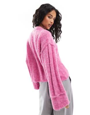 Shop Pieces Ribbed Knit Sweater With Wide Sleeves In Pink