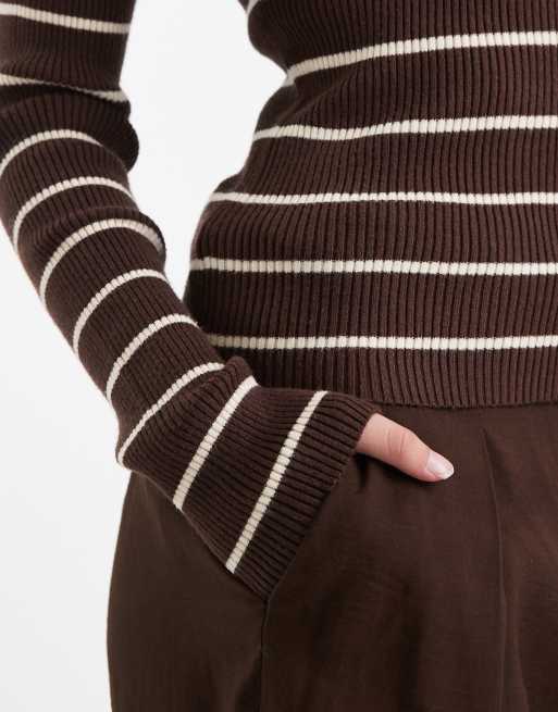 Pieces ribbed knitted top in brown and cream stripe, 2 of 4